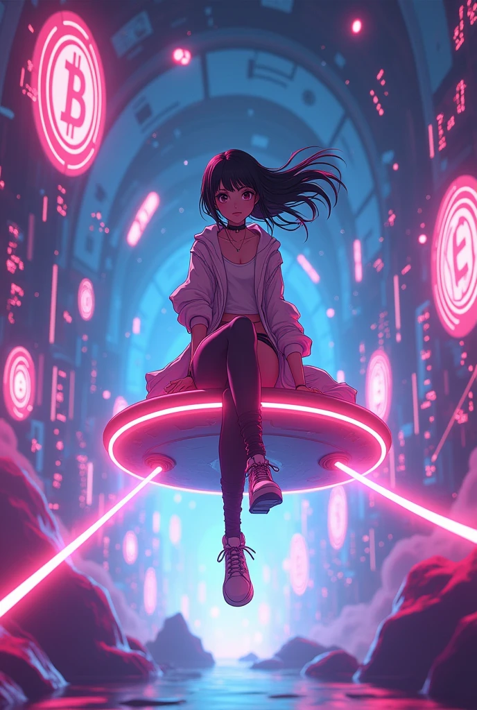 Japanese anime style,Term Machine,Woman riding on a flying carpet,Cryptocurrencyのトンネルを飛んでいる,Neon lit tunnel,Cryptocurrency,Bitcoin,Altcoins,Crypt,Traveling to the past,8k