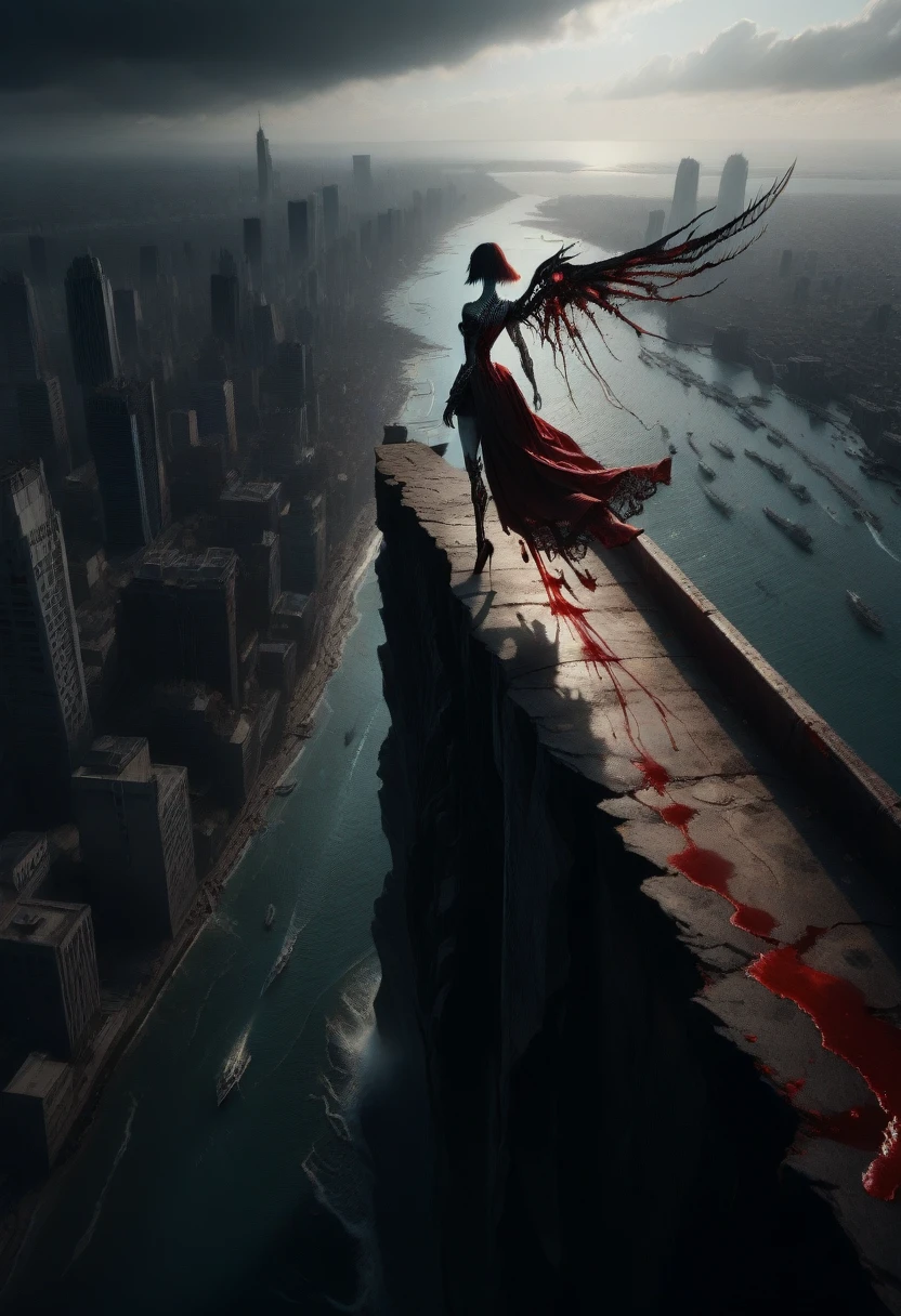 black and white and blue and red,(best quality, ultra-detailed, high resolution, extremely detailed cg),wide shot,dead angels stand on cliff edge,she is very beautiful,she like blood and sea,bloody rain, mystical,fanatic, intricate, surreal,delicate