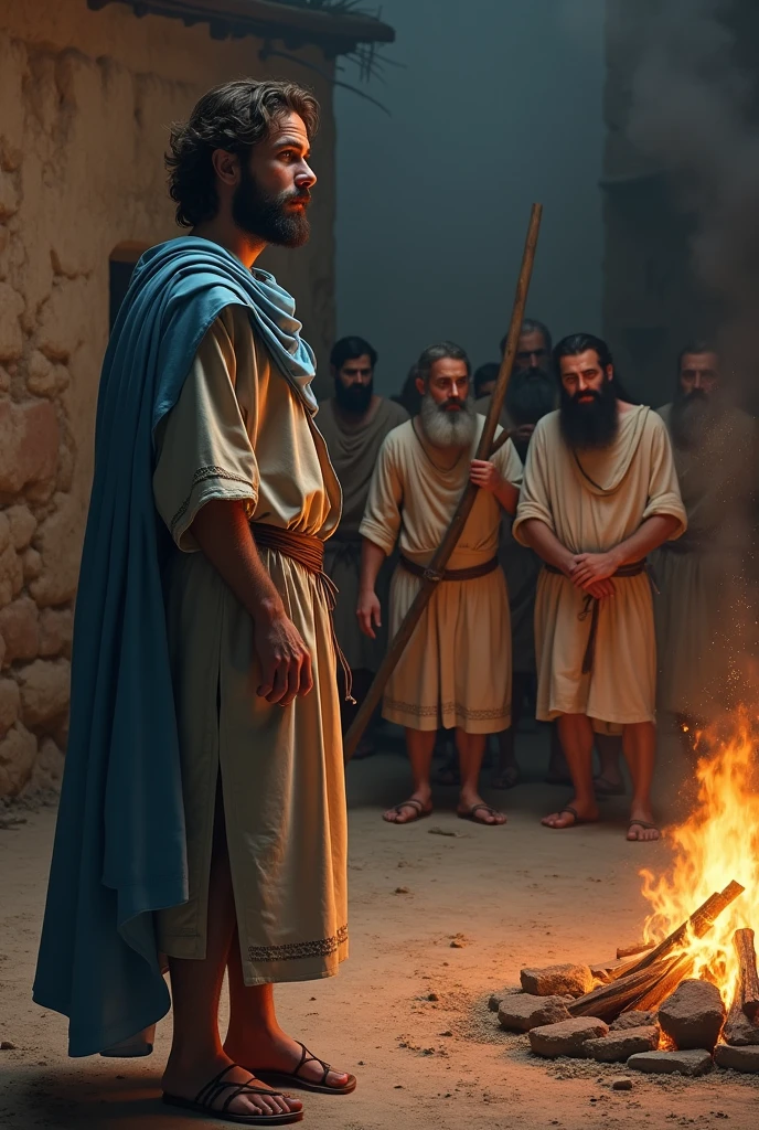 Realistic image of a Caucasian man with a beard and brown hair, thesis clara, bone-colored tunic dress with elbow-length sleeves, short brown skirt, simple leather belt at the waist, sandals with strings up to the shins, sky blue cloak, while standing outside a 1st century Jewish mansion, at night, where there is a campfire, He watches as a group of Jews drag a man with a beard and long hair out of the house, straight nose, Jewish eyes and a light bone-colored tunic, with hands tied