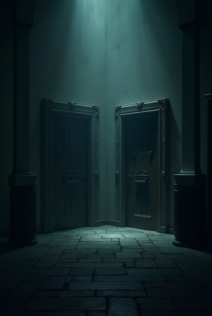A place showing two doors with dim cinematic light
