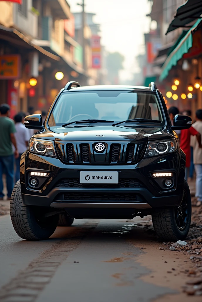 A black mahindra Scorpio car parked on an indian street and each and everyone looking at the car