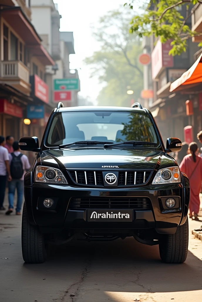 A black mahindra Scorpio car parked on an indian street and each and everyone looking at the car