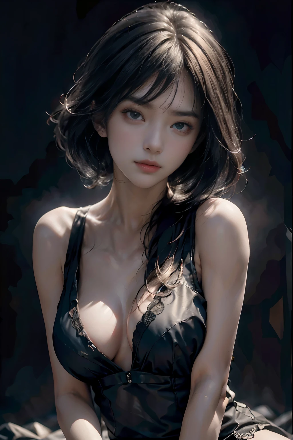 masterpiece, best qualitiy, RAW photos, realisticlying, A high resolution, hyper-detailing, Focus on the face, looking at viewer, Detailed eyebrows, realistic beautiful eyes, realistic glossy skin, straight Bangs, realistic movie lighting, detail shaded, high contrast, Slender, big boob, Big breasts, Exposed cleavage, open mouse, nsfw, Sexy face, Facial expressions when receiving pleasure, ((Dark background))
