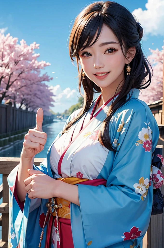 Bust-up of a beautiful woman in a kimono showing a bright smile and thumbs up under a blue sky