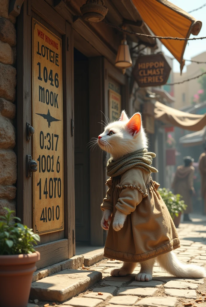 the white poor cat in dress was standing outside the beautiful shop in the market in old clothes with the winning numbers written on the door and looking at the winning num.