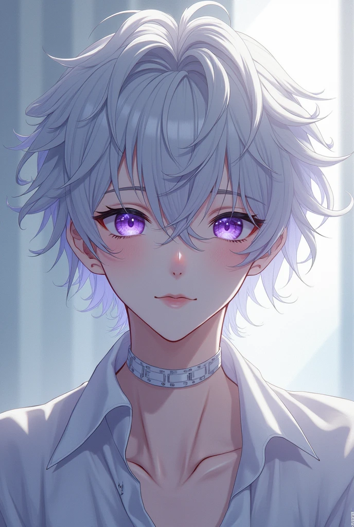 anime character, White hair, Curly hair, Pale skin, Purple eyes, Long white eyelashes, male