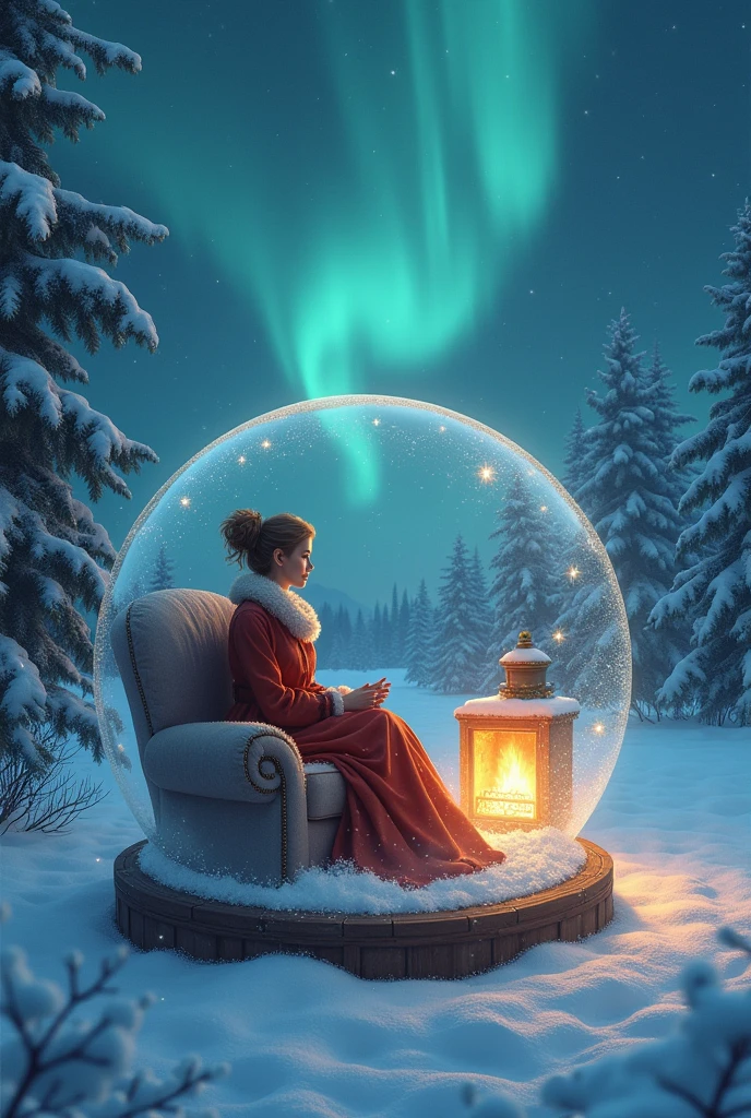 llustration art work. Fantasy art. There is a fireplace inside the transparent snow globe, a lady is sitting on the sofa inside the transparent snow globe and looking out of the snow globe. Outside the snow globe, Snow Scenery spreads out Outside the snow globe. The aurora is shining in the night sky.