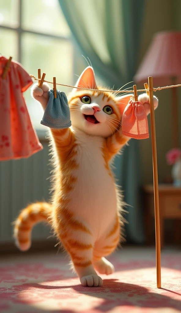 a calico cat struggling to hang clothes on tiny clothesline, cute, whimsical, intricate details, dynamic pose, humorous, 8k, detailed fur, expressive eyes, adorable, vibrant colors, soft lighting, photorealistic, highly detailed, masterpiece, fantasy art