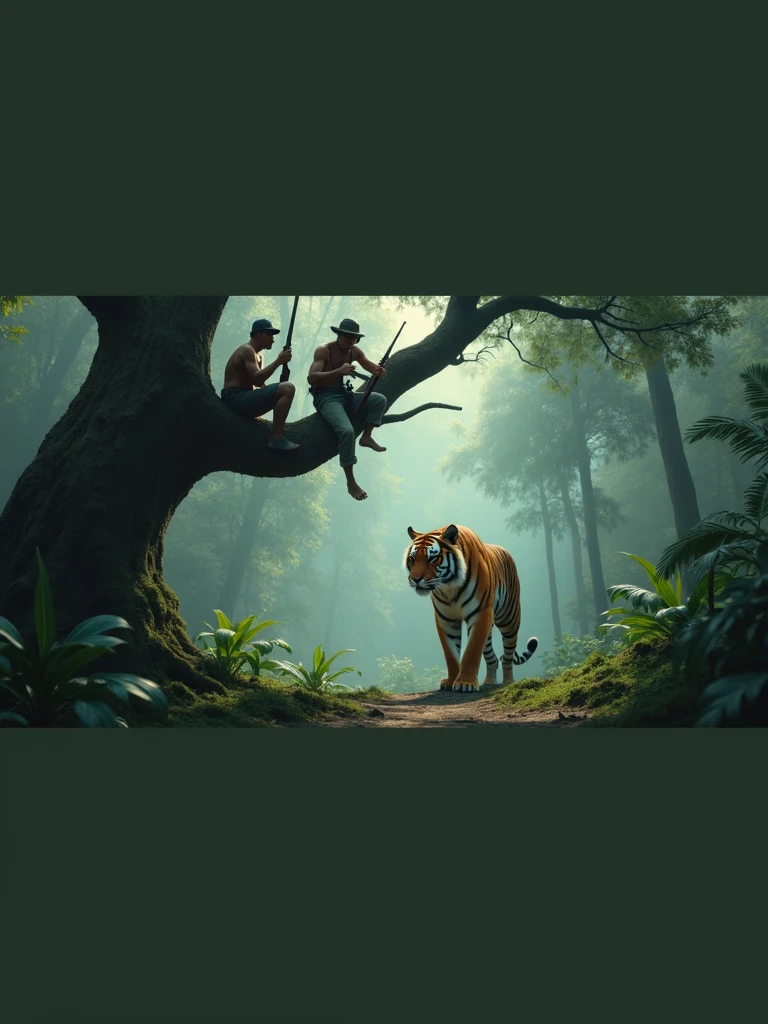 ​ Two Indonesian hunters with guns stand in a tree staring under the mail, an Indonesian man in the shape of a tiger stands under a tree​ 8k  