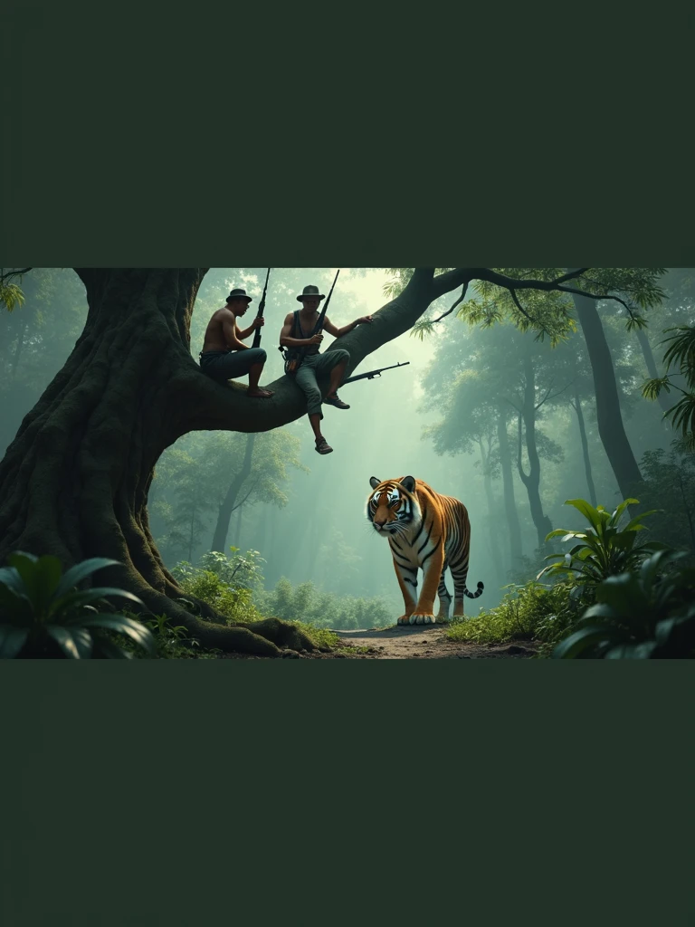 ​ Two Indonesian hunters with guns stand in a tree staring under the mail, an Indonesian man in the shape of a tiger stands under a tree​ 8k  