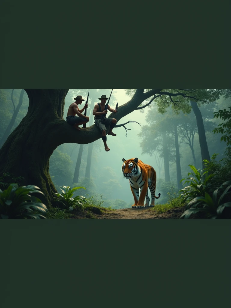  Two Indonesian hunters with guns stand in a tree staring under the mail, an Indonesian man in the shape of a tiger stands under a tree 8k