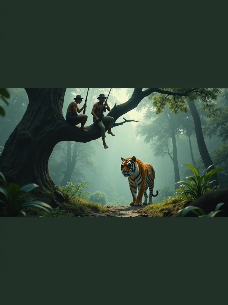  Two Indonesian hunters with guns stand in a tree staring under the mail, an Indonesian man in the shape of a tiger stands under a tree 8k
