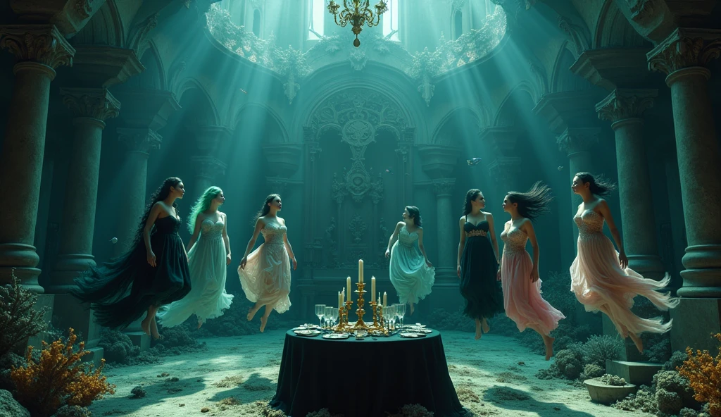 "A full-body shot of a (extra wide angle 1:1) in a dark low light deep sea medeval ballroom in an old gothic palace that has gone under the sea. Super-big ballroom. 2 queen twin sisters and their 5 girlfriends swimming randomly in the sea with coloured fishes. Swimming horizontally and vertically and down and up. The queens have a big light-colored eyes, black super-long long hair. Their girl-friends have a long hair also blue and green perfect detailed eyes.Their wering black dresses. Pink and gold dresses. Dresses in many layered lace and shiffon torned and ripped. ( perfect hands, five fingers on each hand.) Small breasts cleavage, (hyper realistic perfect eyes 1:1). White perfect skin. Queens surrounded by Perished under-water palace 1:1 Wearing a layered black, white and gold ballroom dresses with lace and shiffon. On the bottom of the sea are golden crowns, adorned with pink crystals 1:1. Bright colourd fishes swimming arround. Cancers. Corals. seamoss. Octopus. The scene a beautiful empresses swimming ghoasts, their long hair flowing all around. Sad. (Best Quality Detailed faces)1:1. A medieval fairytale vibe, with a big black intricate throne in a corner with seamoss on it, a broken medeval chandelier with few broken candles hanging from the ceiling. In a fantastic scene that uses 3D Surreal 3D model. Big gold gothic medieval five armed candlesticks sit on a blacktable on the seafloor, surrounded by crystal wine glasses—one tipped over and broken. The entire setup is Best Quality, masterpiece 1:1, capturing the essence of a beautiful and happy girls, fantastical gothic setting, Dark deep sea Low lighting under neath, framed with the grandeur of medieval gothic style. (8K).