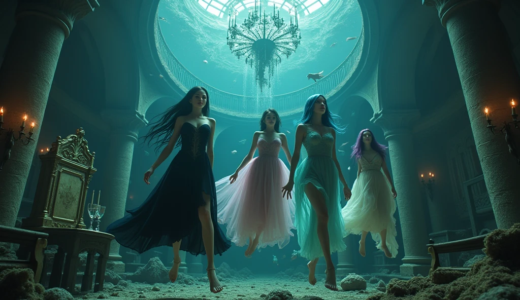 "A full-body shot of a (extra wide angle 1:1) in a dark low light deep sea medeval ballroom in an old gothic palace that has gone under the sea. Super-big ballroom. 2 queen twin sisters and their 5 girlfriends swimming randomly in the sea with coloured fishes. Swimming horizontally and vertically and down and up. The queens have a big light-colored eyes, black super-long long hair. Their girl-friends have a long hair also blue and green perfect detailed eyes.Their wering black dresses. Pink and gold dresses. Dresses in many layered lace and shiffon torned and ripped. ( perfect hands, five fingers on each hand.) Small breasts cleavage, (hyper realistic perfect eyes 1:1). White perfect skin. Queens surrounded by Perished under-water palace 1:1 Wearing a layered black, white and gold ballroom dresses with lace and shiffon. On the bottom of the sea are golden crowns, adorned with pink crystals 1:1. Bright colourd fishes swimming arround. Cancers. Corals. seamoss. Octopus. The scene a beautiful empresses swimming ghoasts, their long hair flowing all around. Sad. (Best Quality Detailed faces)1:1. A medieval fairytale vibe, with a big black intricate throne in a corner with seamoss on it, a broken medeval chandelier with few broken candles hanging from the ceiling. In a fantastic scene that uses 3D Surreal 3D model. Big gold gothic medieval five armed candlesticks sit on a blacktable on the seafloor, surrounded by crystal wine glasses—one tipped over and broken. The entire setup is Best Quality, masterpiece 1:1, capturing the essence of a beautiful and happy girls, fantastical gothic setting, Dark deep sea Low lighting under neath, framed with the grandeur of medieval gothic style. (8K).