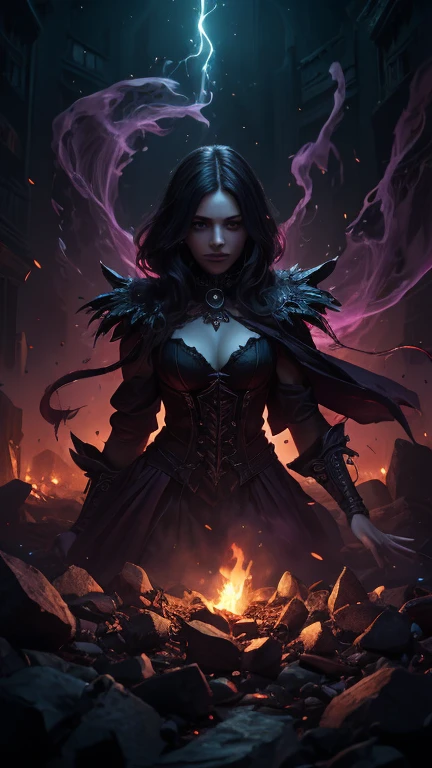 In this fascinating digital painting, An ethereal energy tinged with mauve and magenta hues swirling in dark digital brushstrokes highlights a necromancer who materializes with an enigmatic presence. The picture, Rendered with stunning clarity and intricate detail, shows the necromancer surrounded by the essence of her captured spirit shown in dying embers of light trying to get away from her presence. .( The Necromancer's Amber and Teal Robes., Adorned with intricate patterns and glowing runes, evoke a sense of arcane power). With penetrating violet eyes that seem to search the depths of the soul., ((The necromancer's pale, flawless complexion and blonde hair are juxtaposed with a hint of mysterious luminescence..)). This masterful work of art captures the mystique and allure of the arts of necromancy.., Drawing viewers into a world where magic and darkness intertwine..