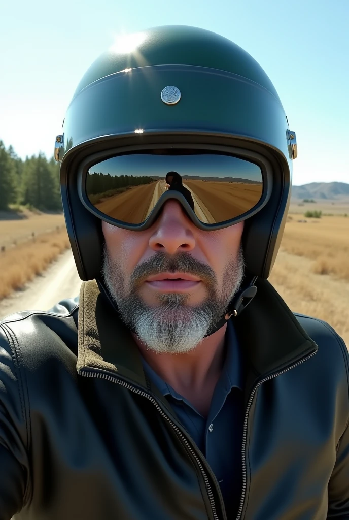 (photorealism:1.2), A selfie of a burly man wearing a black full-face motorcycle helmet with dark green details,polarized visor.. The scene takes place outdoors, in natural daylight, with an open landscape in the background showing distant trees and hills, dirt road,Black leather jacket with mao collar, the eyes hidden by the viewfinder, viewfinder down