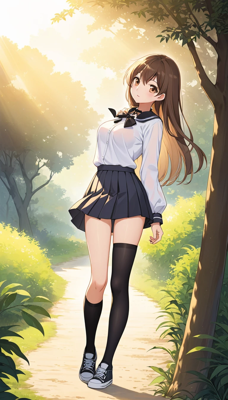 {
"character": "Beautiful anime schoolgirl, 1, with long straight brown hair, large brown eyes, fair skin, and a very slim body with breasts and long legs.",
"pose": "Standing slightly inclined to the right, her right hand gently touching her hair while her left hand hangs relaxed by her side. Her body is slightly turned to her left, giving a serene and confident expression.",
"outfit": "White long-sleeve blouse with a black bow at the collar, dark pleated skirt reaching mid-thigh, sheer black stockings, and black sneakers with white soles.",
"camera_angle": "Full body shot from the front with a slight angle to capture her entire outfit and the surrounding environment.",
"background": "Natural outdoor setting with trees and greenery around, a dirt path at her feet, and warm golden hour lighting that adds a soft glow to the scene."
}