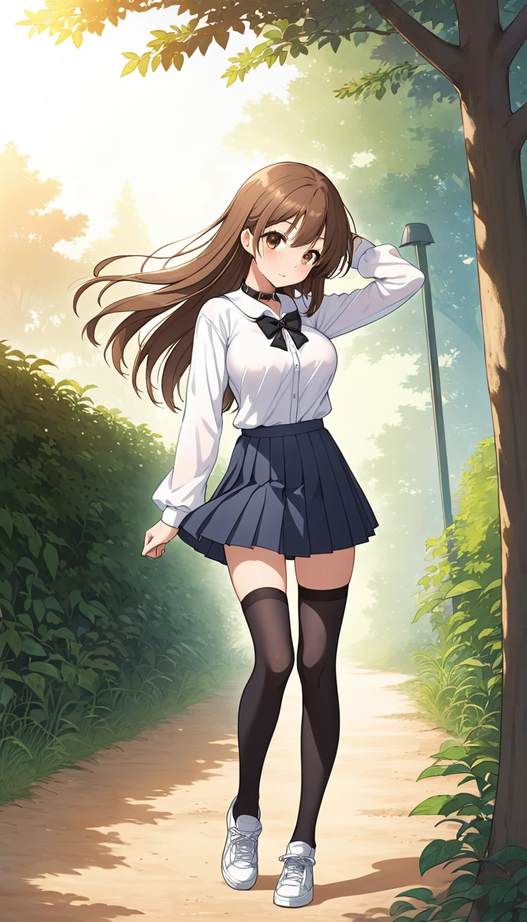 {
"character": "Beautiful anime schoolgirl, 1, with long straight brown hair, large brown eyes, fair skin, and a very slim body with breasts and long legs.",
"pose": "Standing slightly inclined to the right, her right hand gently touching her hair while her left hand hangs relaxed by her side. Her body is slightly turned to her left, giving a serene and confident expression.",
"outfit": "White long-sleeve blouse with a black bow at the collar, dark pleated skirt reaching mid-thigh, sheer black stockings, and black sneakers with white soles.",
"camera_angle": "Full body shot from the front with a slight angle to capture her entire outfit and the surrounding environment.",
"background": "Natural outdoor setting with trees and greenery around, a dirt path at her feet, and warm golden hour lighting that adds a soft glow to the scene."
}
