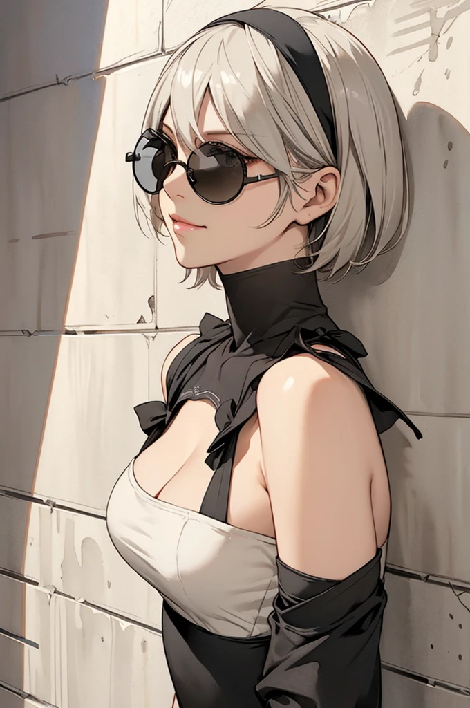 {(masterpiece,best quality, 16K illustration, UHD, extremely detailed the work, detailed beautiful face and eyes and skin and hair)} 
BREAK {erotic face,looking away,enchanting smile,profile}
BREAK {solo, (2B of Nier Automa:1.4)), (slender body,small breasts),(lightbrown_lightwhite colored hair:1.4, short cut hair), (medium mouth:1.2),(narrow and sharp eyes:1.4,blue-glay eyes,sparkling eyes:1.1) 
BREAK {(Nier_Automata_2B costume:1.2),(cleavage between breasts:1.2),(black hairband:1.4),(pitch-black colored small diameter-round-retor-sunglasses:1.4),(hand on sunglasses:1.4)} 
BREAK {(Part of the stucco wall is brick:1.2),(cast a shadow on the wall:1.2)} 
BREAK,{(anime illustration style:1),(watercolor image:1.2),(sketch drawing),overall dark color}