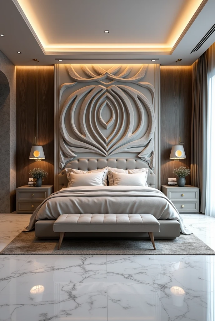 A modern bedroom design
A little heavy looking design
Bed backboard should have a design
More creative and unique
The floor should have a white marble and it should match the room design
Backboard should be unique and high
More attractive