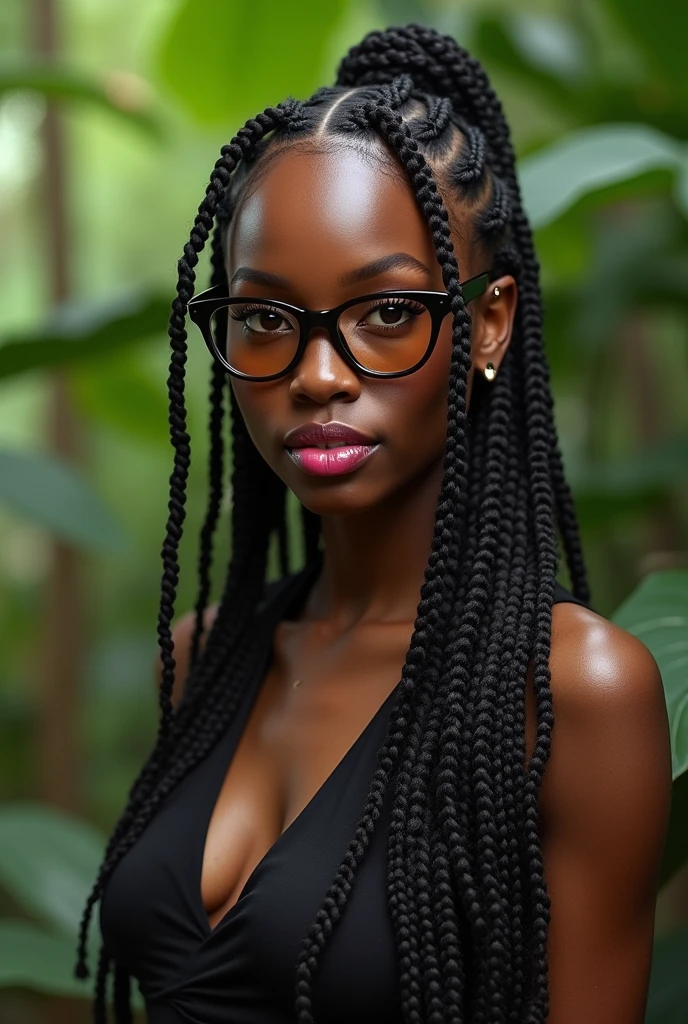 (photorealism:1.2), beautiful Kenyan woman,22 years, beautiful eyes,sharp boobs,smiling,long braids, septum piercing,pink matte glossy lips,black oversized glasses with light brown lenses, standing , realistic details, nature shot.cardi b inspiration