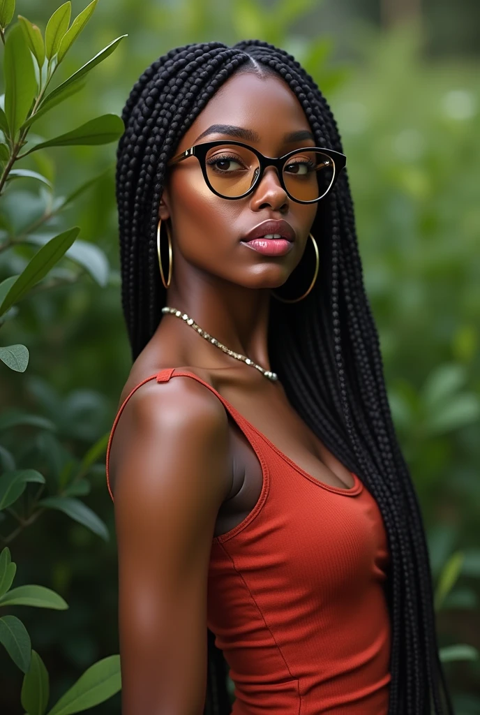 (photorealism:1.2), beautiful Kenyan woman,22 years, beautiful eyes,sharp boobs,smiling,long braids, septum piercing,pink matte glossy lips,black oversized glasses with light brown lenses, standing , realistic details, nature shot.cardi b inspiration