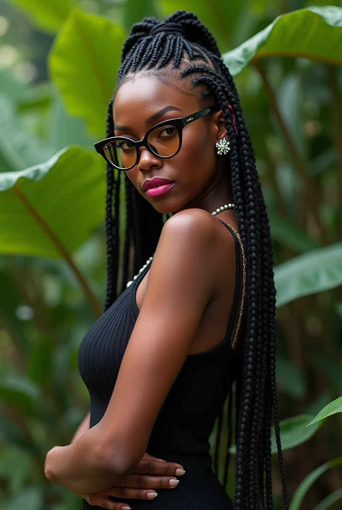 (photorealism:1.2), beautiful Kenyan woman,22 years, beautiful eyes,sharp boobs,smiling,long braids, septum piercing,pink matte glossy lips,black oversized glasses with light brown lenses, standing , realistic details, nature shot.cardi b inspiration