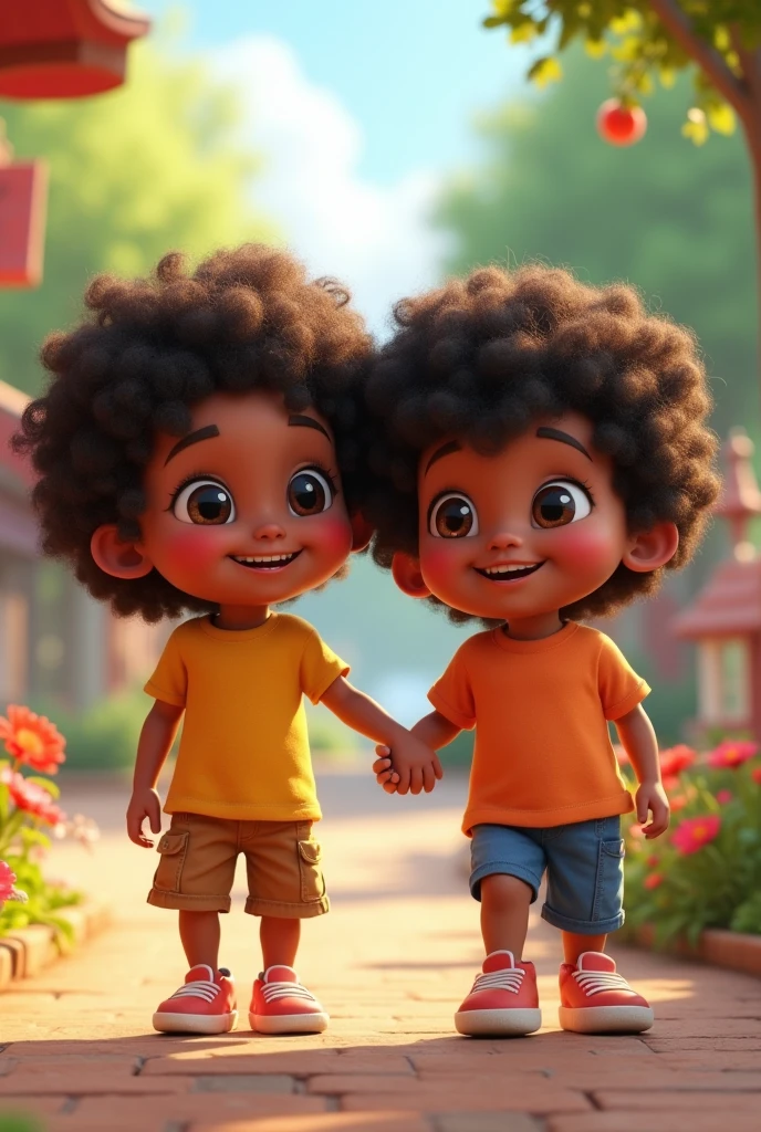 Animated twins image,  girl and boy. Dark complexion and wavy hair. They appear together in a happy and friendly environment