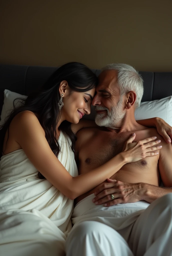 A twenty-year-old Indian girl has sex with a seventy-year-old man in bed And both of them are undressed, the girl and the man are completely naked 