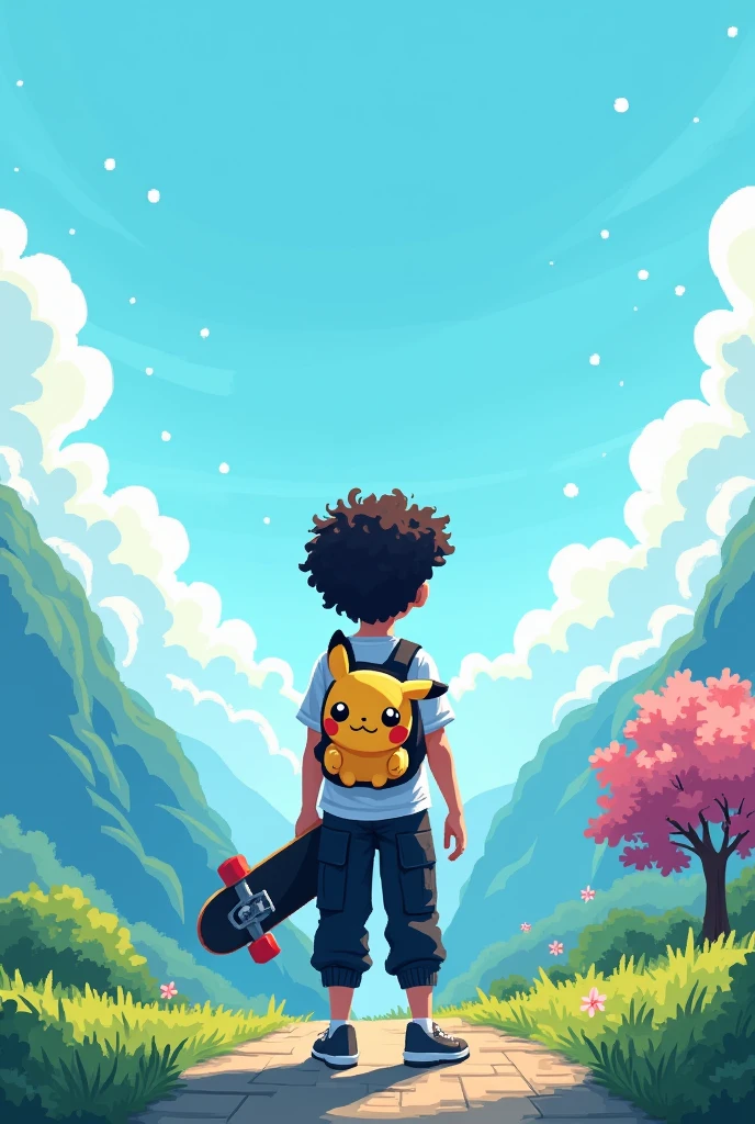 YouTube channel banner,theme pixelated blue sky with clouds,and a guy with curly hair,black cargo pants,white t shirt with a ganger Pokemon backpack.angle is the character in middle photo taken from back side and about 8feet away,more back and a little higher altitude make the angle more back and a Pikachu backpack make it more farr make the character straight and make the image atleast 20 feet away make the backpack a little small and expand the image with a mountain with some snow on top on the left side and a blossom tree at right side make it pixelated and a Pikachu backpack and black Jordan shoes,shoes is solid black make the Pikachu smiling and more cute and he has a skateboard in his left hand,make the skateboard matching to the environment make the image straight and pixelated and a little far back remove skateboard and make backpack a little small and make the image in 16:9 ratio make the character straight and the whole backpack is Pikachu theme make the image pixelated and hair curly and the character straight and about 20 feet away from the backside make the character face straight and the photo is taken from backside