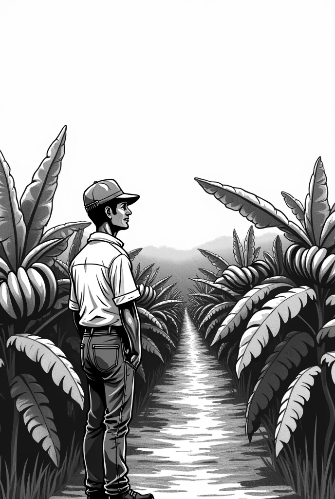 Create a black and white drawing that shows a farmer looking at his large banana plantation. Don&#39;t make it too realistic that you can draw it , make it less realistic but make the bananas stay on their bush 