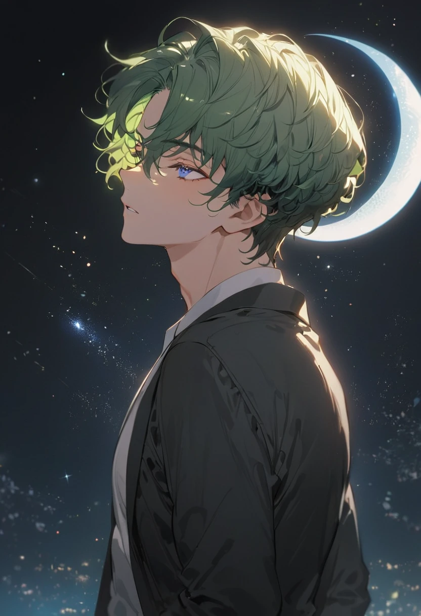 1 male,white shirts, black jacket, black pants,green hair,short hair, curly hair,from side, looking above, blue eyes,narrow eye, grow starry sky,cresent moon,at night,cold light, blue tone,masterpiece,best quality, ultra detail, beautiful eyes,perfect hand,
