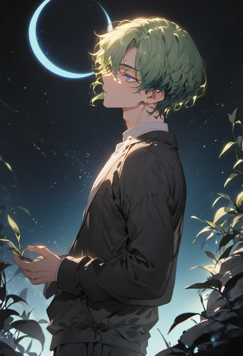 1 male,white shirts, black jacket, black pants,green hair,short hair, curly hair,from side, looking above, blue eyes,narrow eye, grow starry sky,cresent moon,at night,cold light, blue tone,masterpiece,best quality, ultra detail, beautiful eyes,perfect hand,