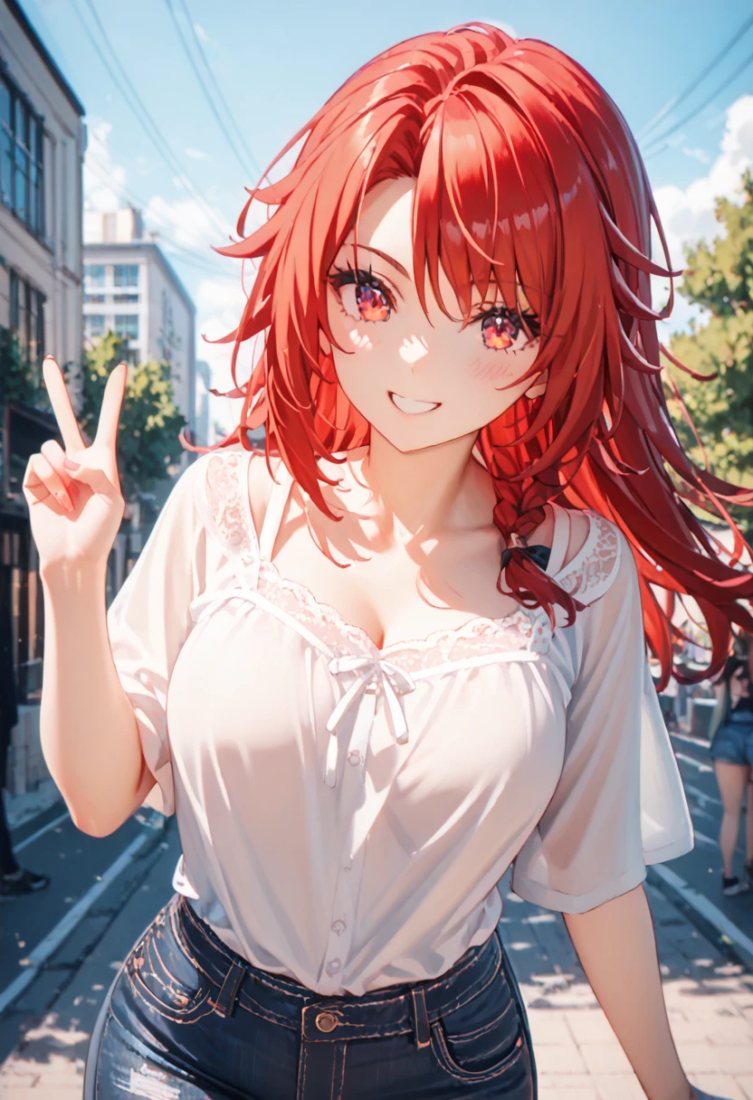 score_9, score_8_up, score_7_up, score_6_up, source_anime, beautiful girl, iris midgar, red hair, red eyes, well endowed body, wide hips, attractive appeareance, smile, provocative demeanor, perfect face, detailed eyes, perfect anatomy, (photoshooting studio scenery), jeans, blouse,  v-neck