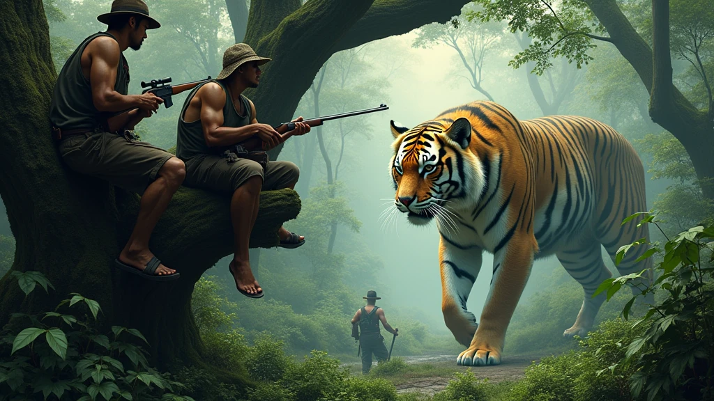  Two Indonesian hunters with guns stand in a tree staring under the mail, an Indonesian man in the shape of a tiger stands under a tree 8k