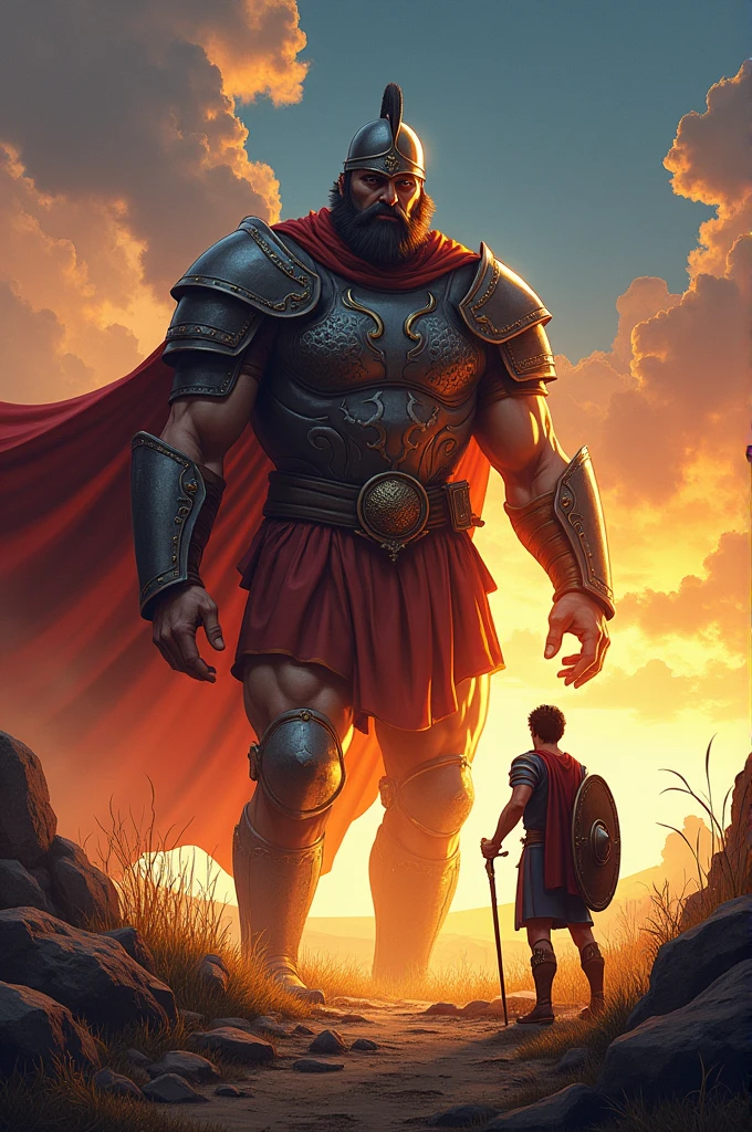 The cover features David, a young shepherd boy with a slingshot in hand and a determined expression. He stands confidently, with his shepherd's staff in the other hand. In the background, Goliath, a towering giant in full armor with a menacing expression, looms over a valley. The title "David and Goliath" is in bold, dynamic letters at the top, with a dramatic, sunset-colored sky in the background.( comic book)