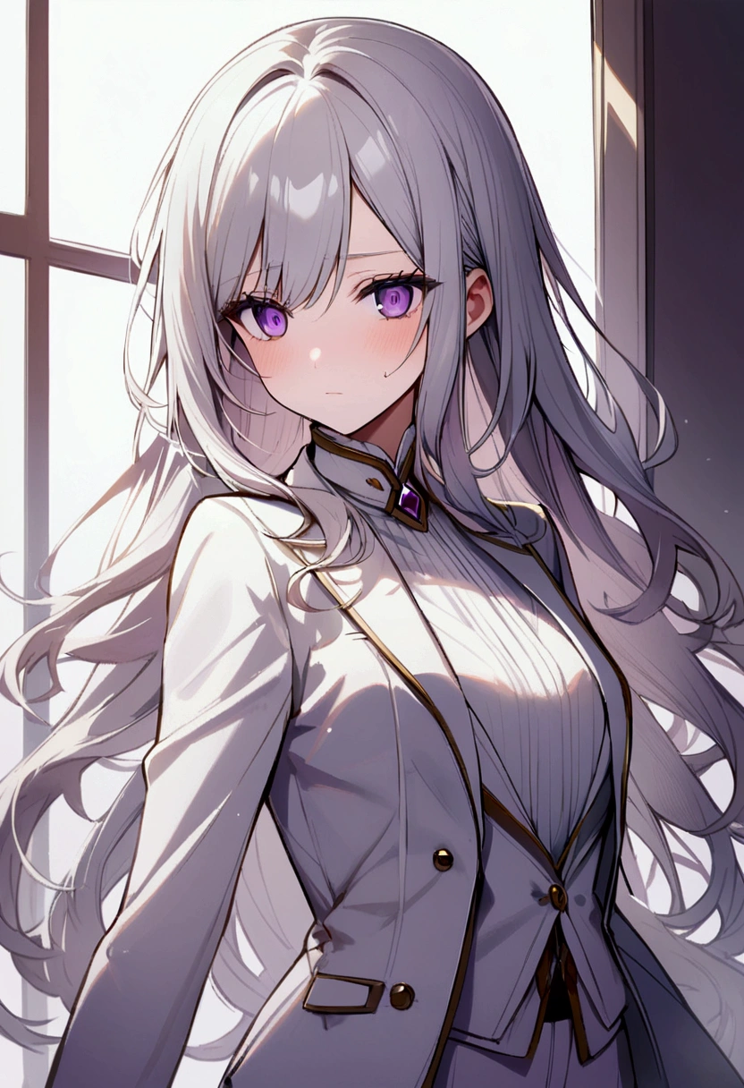 silver hair, Slightly long hair, purple eyes, reply, White suit, cold expression