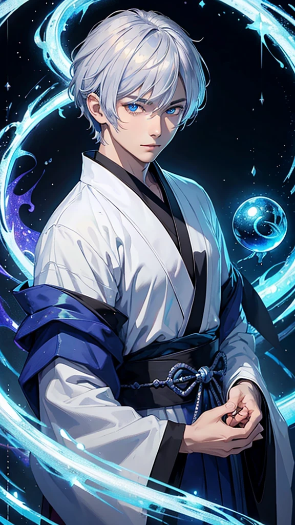 ((Highest quality)), ((masterpiece)), Handsome、kimono、mysterious、Upper Body、True Face、Short Hair、Beautiful eyes、Holding a crystal ball in both hands、bluish-silver hair、good looking、White dragon behind