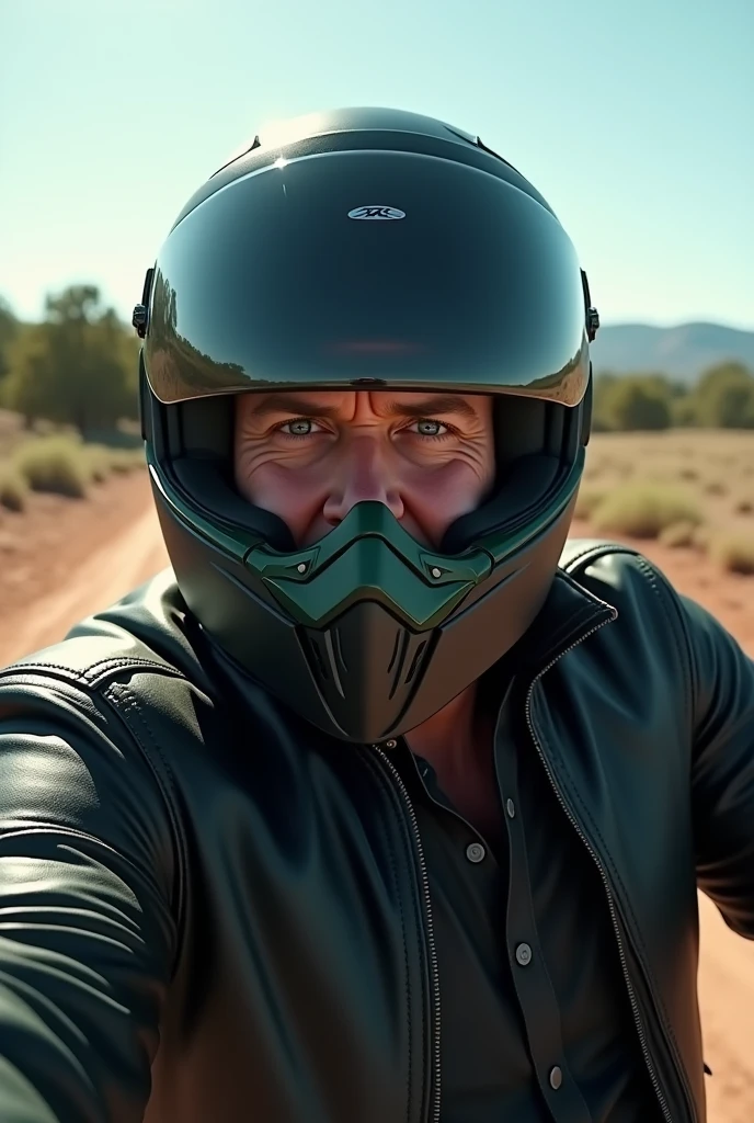 (photorealism:1.2), A selfie of a burly man wearing a black full-face motorcycle helmet with dark green details,polarized visor.. The scene takes place outdoors, in natural daylight, with an open landscape in the background showing distant trees and hills, dirt road,Black leather jacket with mao collar, the eyes hidden by the viewfinder