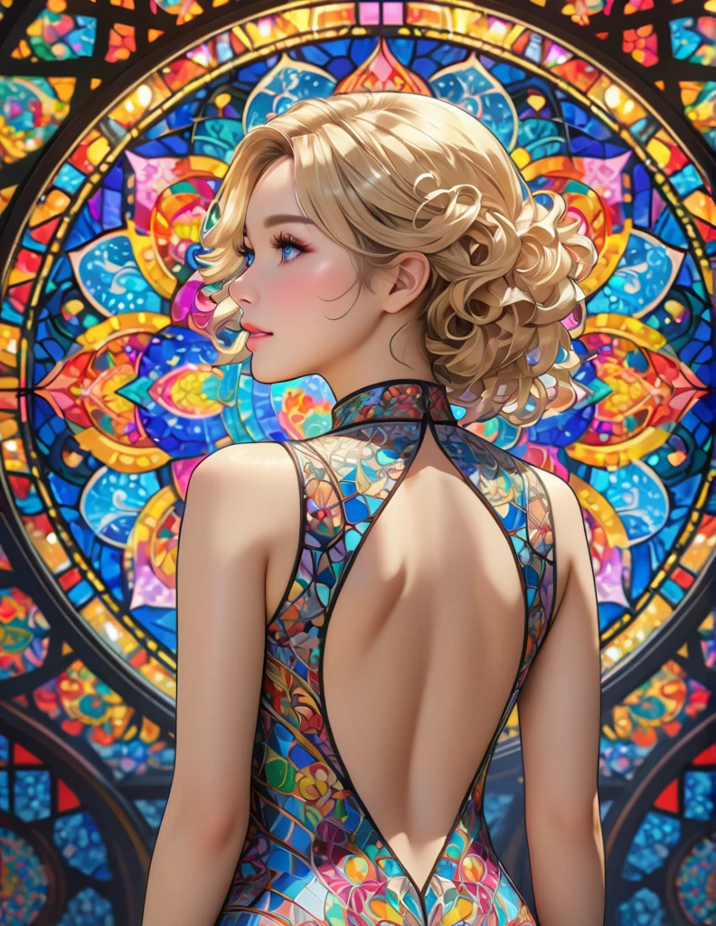 (masterpiece, best quality), 8K,(((Very detailed))), Race:1.8,Super intricate Race pattern,colorful Race pattern,Stained glass background transparent body, Mandala,Light Up,cold, 1 female,Open back,(curls,Blonde),arms behind back,large breasts,