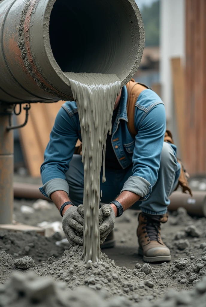 A zoom in shot of man pouring concrete into his construction site, from a large pipe above hanging