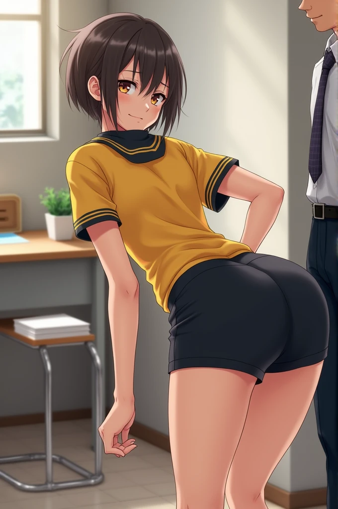 A girl with almost short hair wears a short-sleeved yellow uniform shirt with black stripes on the shoulders and short black shorts with yellow stripes on the sides and made of synthetic material that fits her nice and tight.. She drops her books and bends down to pick them up.. Looks good and sexy, and a boy looks at her with desire. Looks good and sexy, and with a big butt that can be seen from behind, looks at the camera with a mischievous smile. And she touches her butt implying if we want to touch her in the butt real life style