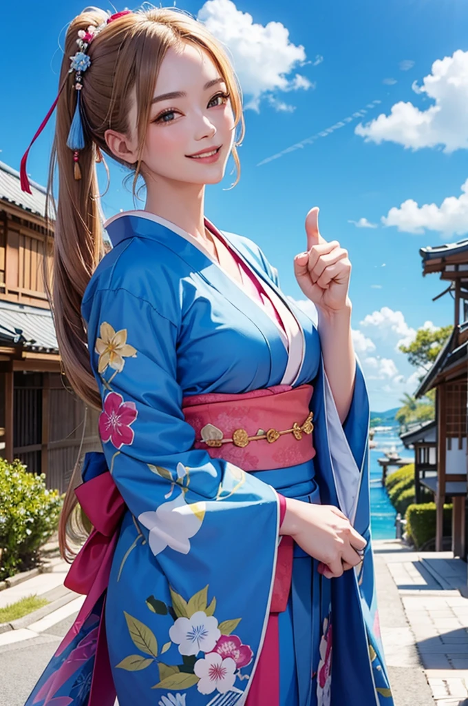 Bust-up of a beautiful woman in a kimono showing a bright smile and thumbs up under a blue sky