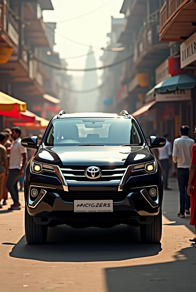 A black Sexy Fortuner car parked on an indian street and each and everyone looking at the car 