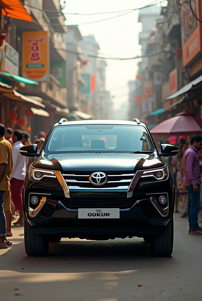 A black Sexy Fortuner car parked on an indian street and each and everyone looking at the car