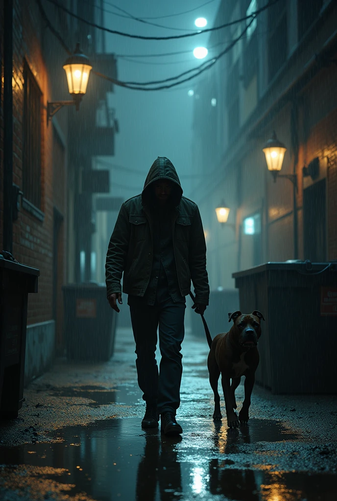 Man walking down an alley on a rainy night, with a pitbull on a leash