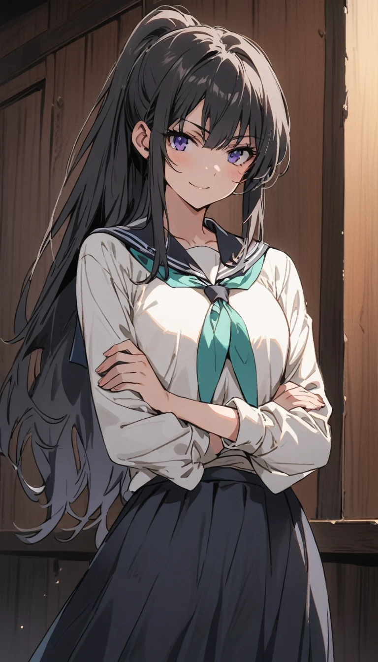 high school girl　beauty　Black Hair　ponytail　smile　Glare　frivolous attitude　Glaring at me　Black Sailor Suit　Long skirt　Roll up your sleeves　belly button　Cross your arms　Alley