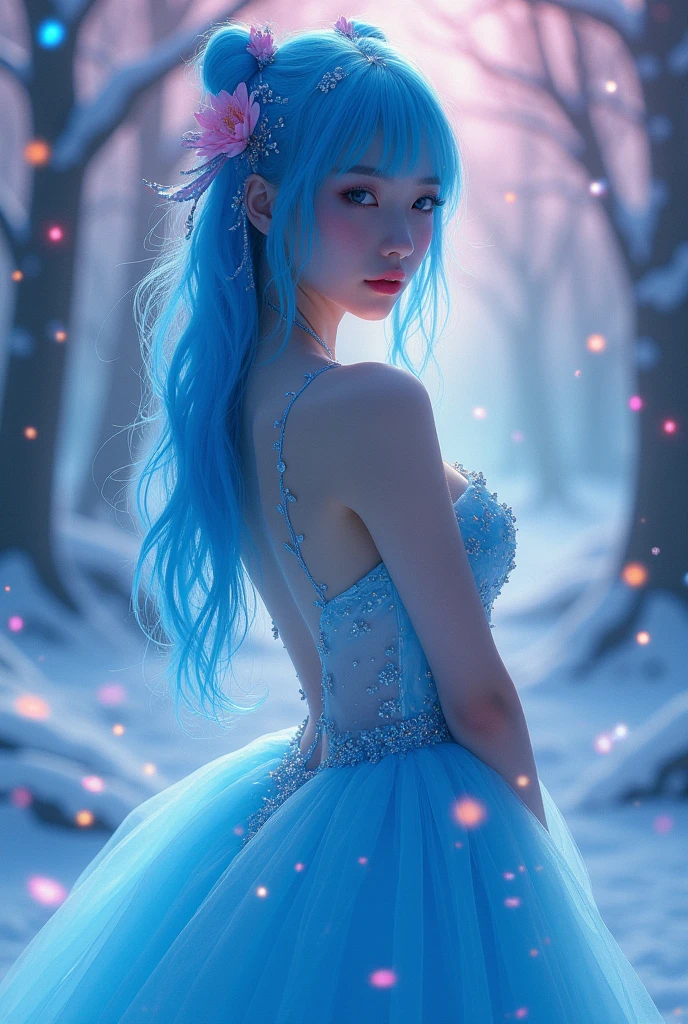 Japanese beauty killer sexy wedding dress,,blue hair、(Fluorescent Color:1.4)、(translucent:1.4)、(Retro filter:1.4)、(fantasy:1.4)、Candy world Disney fantasy fluffy soft scenery forest snow avatar pink sky green blue glow dreamy lights soft soft glow rainbow stars diamond glitter gem background surreal ultra hd movie lighting huge details full hd full light、