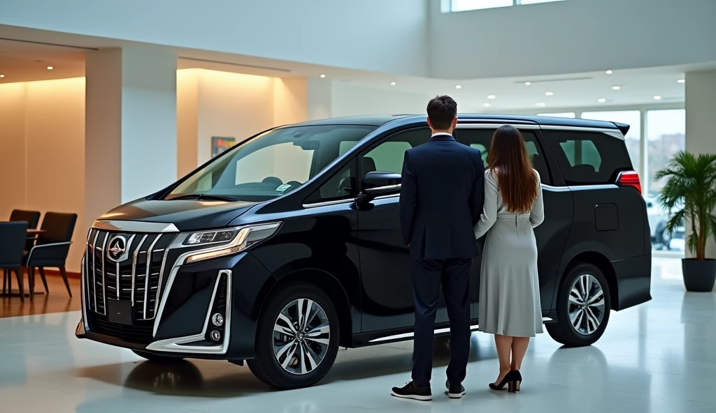 A married couple stands with their backs to the camera next to a black luxury Voyah Dream minivan in a car showroom, full body
