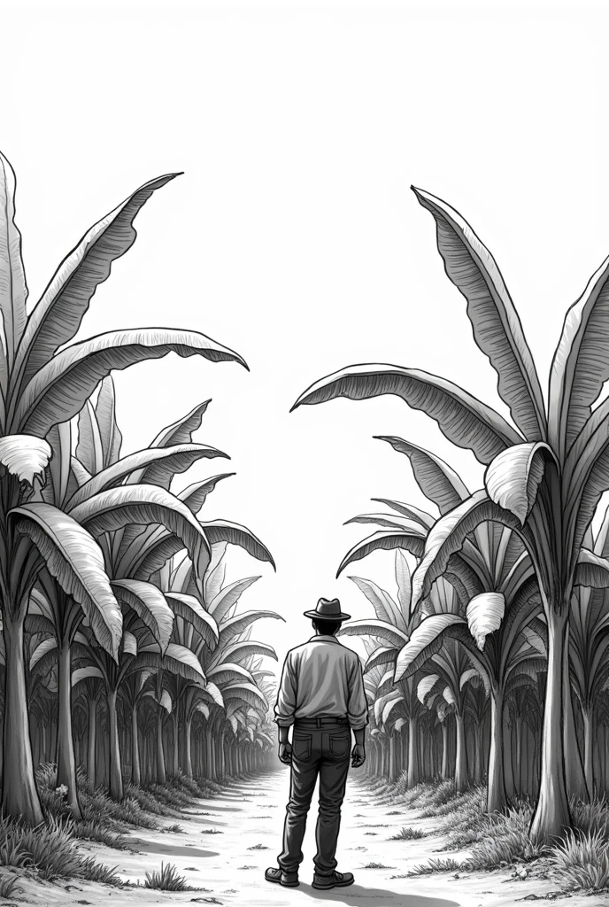 Create a black and white drawing that shows a farmer looking at his large banana plantation. Don't make it too realistic that you can draw it , make it less realistic but make the bananas stay on their bush , hs that the bushes are taller